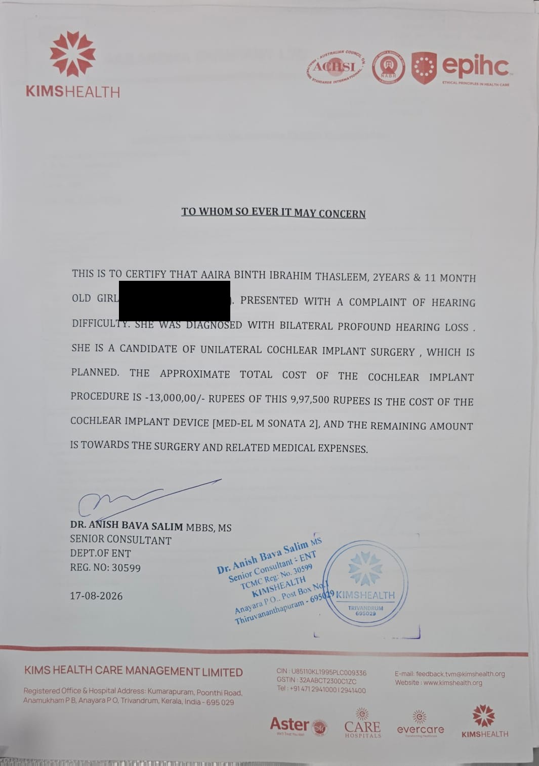 Doctor's letter certifying the need for cochlear implant surgery and its approximate cost
