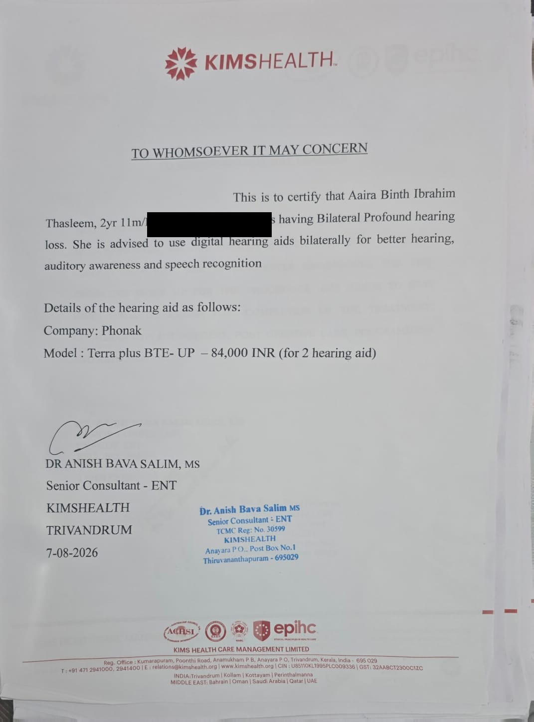 Doctor's letter certifying bilateral profound hearing loss and recommending hearing aids